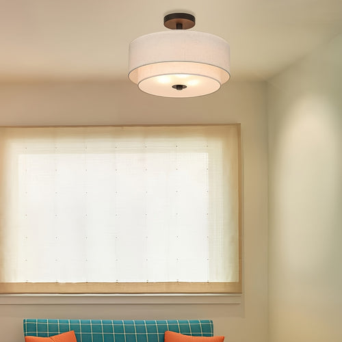 15.7-Inch Semi-Flush Drum Light Featuring a Fabric Shade in Retro Golden Brass, Ideal for Bedrooms And Living Rooms