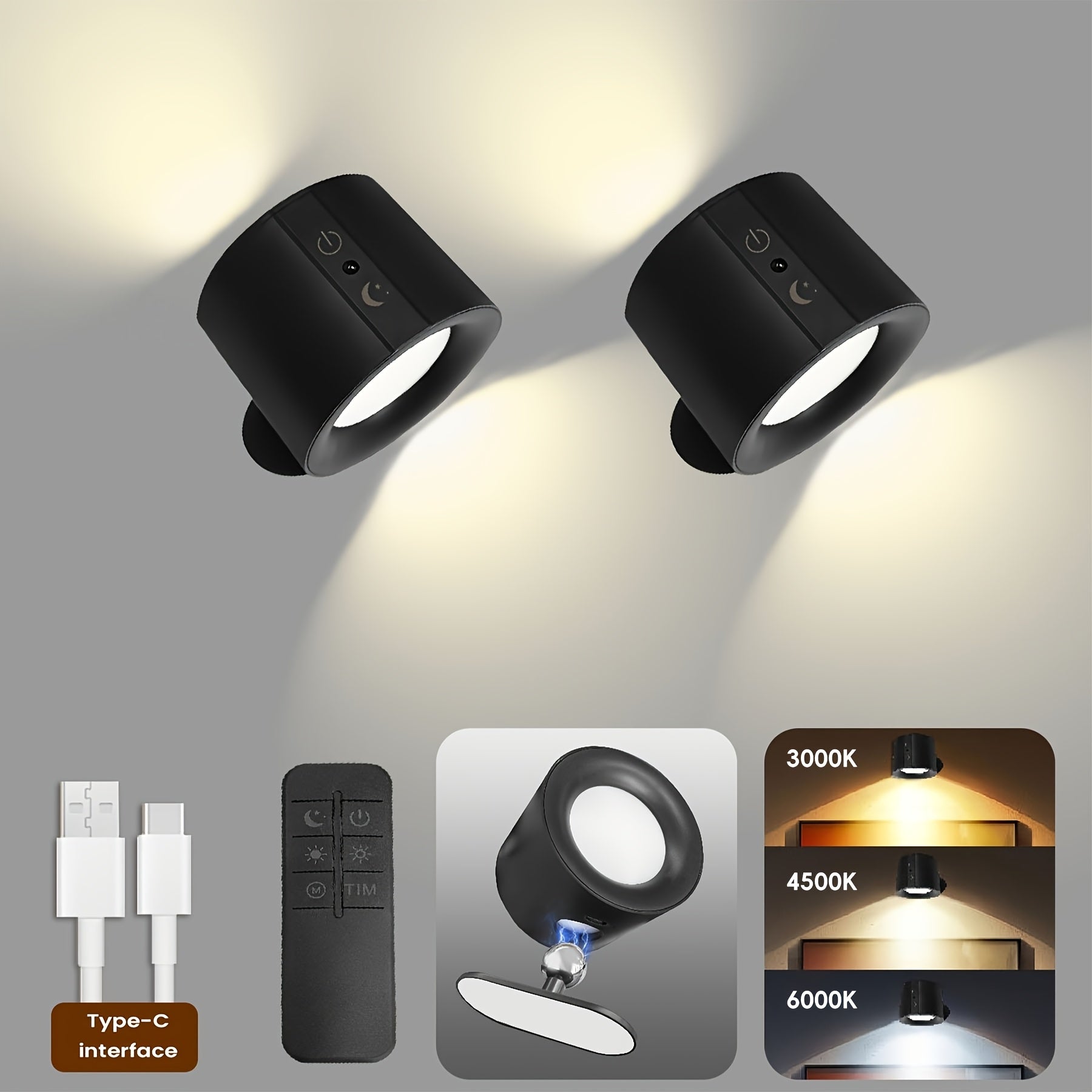 2pcs LED Double-Sided Magnetic Wall Lights, 360° Rotatable, USB Rechargeable, Three-Level Adjustable 3000-4500-6000K, 1200mAh Bedside Lamp, Car Interior Lighting, Suitable for Living Room, Bedroom, Hallway, Bedside, Indoor Lighting, Modern Wall