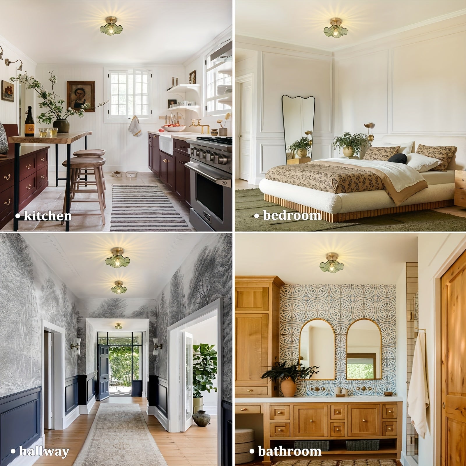 Semi-Recessed Ceiling Light, Vintage Lighting Fixture for Golden Corridors, Featuring Green Lily Glass, Modern Ceiling Light with a 4.72-Inch Base, Suitable for Porches, Kitchens, And Bedrooms (E 27 Socket, Bulb Not Included)