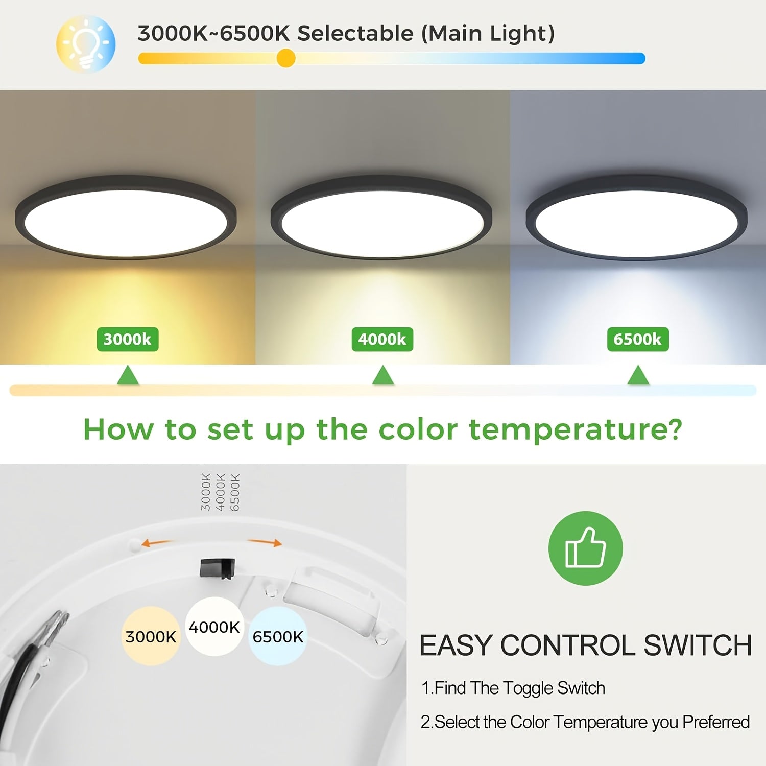 7-Inch Recessed Ceiling Lamp Featuring a Night Light (1800K), Adjustable Color Temperatures of 3000K\u002F4000K\u002F6500K, Ideal for Bedrooms And Kitchens - Black End