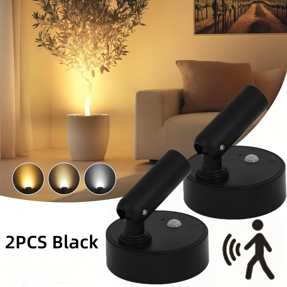 Indoor Wireless LED Spotlight Set (2pcs), Adjustable 3-Color Lighting, Motion Sensor, Magnetic Wall Mount, USB Rechargeable, High-Efficiency Induction Lamp, Perfect for Hallway, Staircase & Home Daily Use