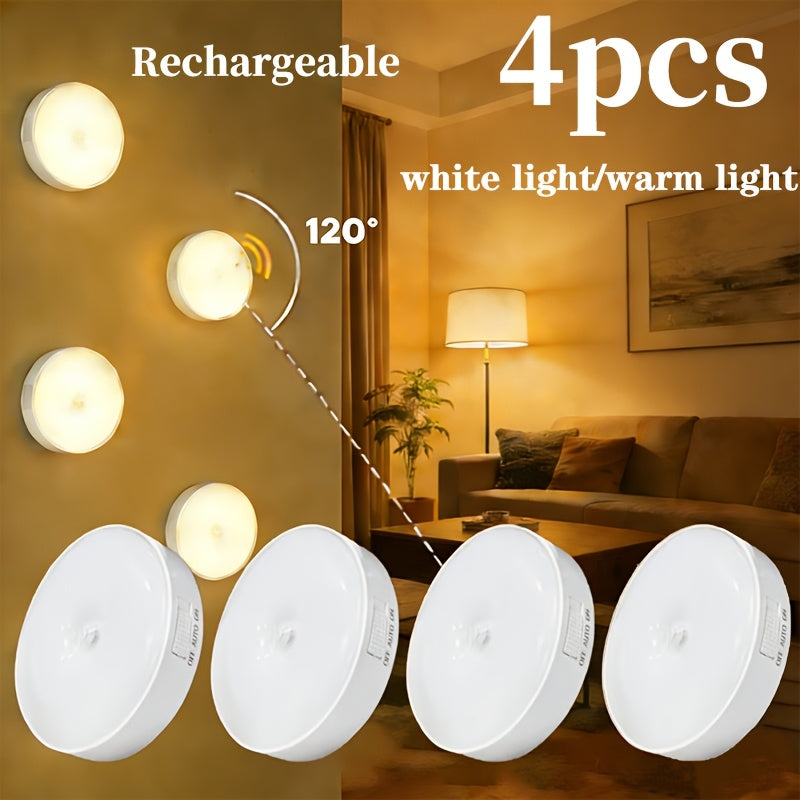 Set of 4 Round Motion Sensor Wall Lights for Smart Home Lighting, Featuring Magnetic Installation And a Minimalist White Design. Eye-Friendly LED Illumination Suitable for Various Settings Like Bedrooms, Studies, Living Rooms, And Dorms