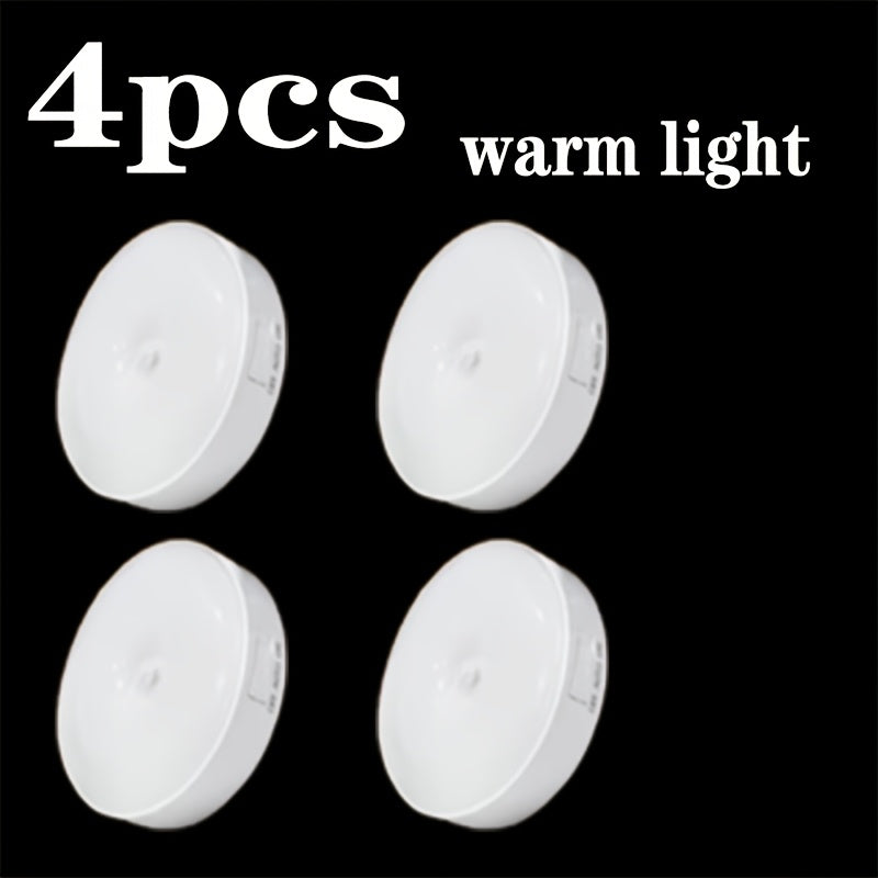 Set of 4 Round Motion Sensor Wall Lights for Smart Home Lighting, Featuring Magnetic Installation And a Minimalist White Design. Eye-Friendly LED Illumination Suitable for Various Settings Like Bedrooms, Studies, Living Rooms, And Dorms