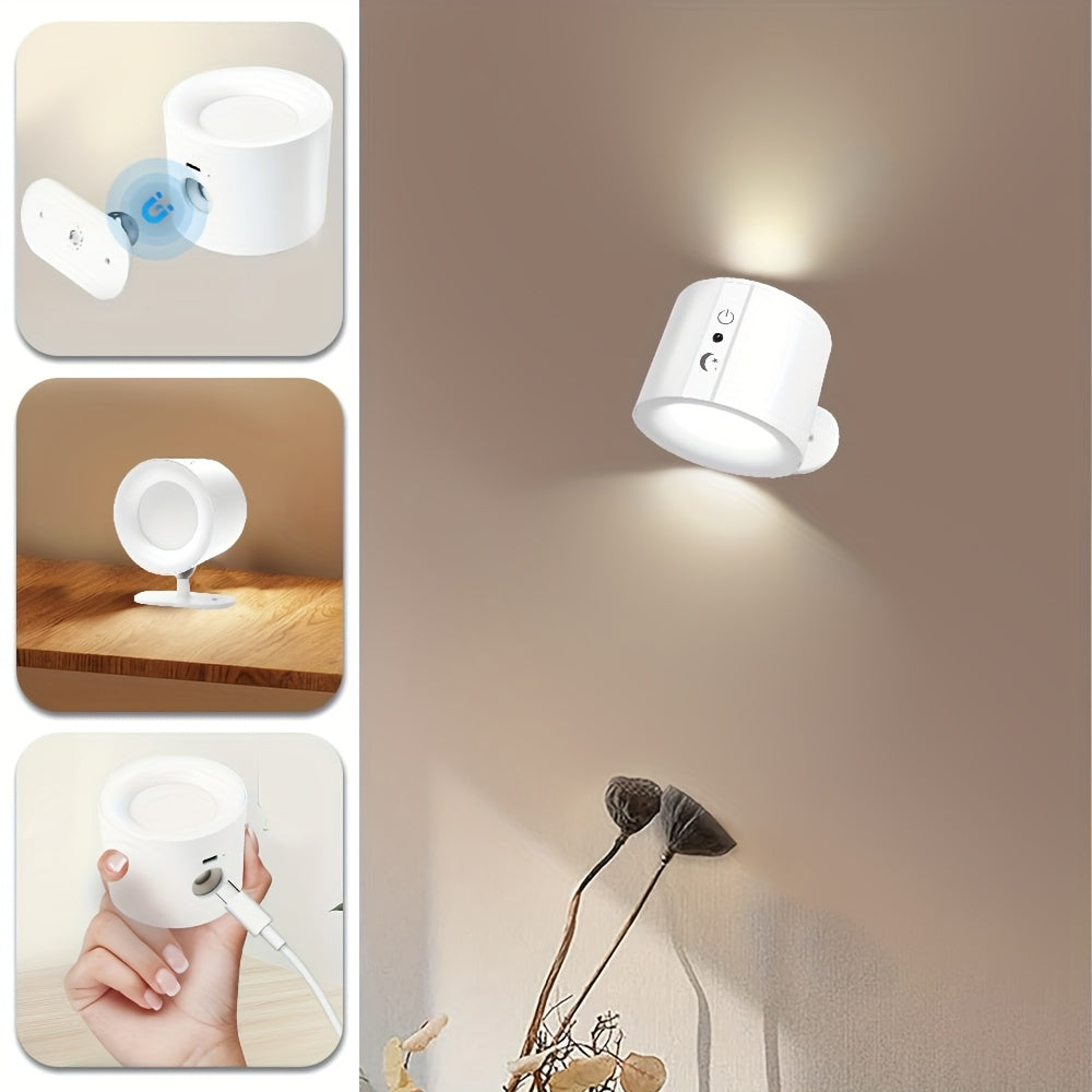 2pcs LED Double-Sided Magnetic Wall Lights, 360° Rotatable, USB Rechargeable, Three-Level Adjustable 3000-4500-6000K, 1200mAh Bedside Lamp, Car Interior Lighting, Suitable for Living Room, Bedroom, Hallway, Bedside, Indoor Lighting, Modern Wall