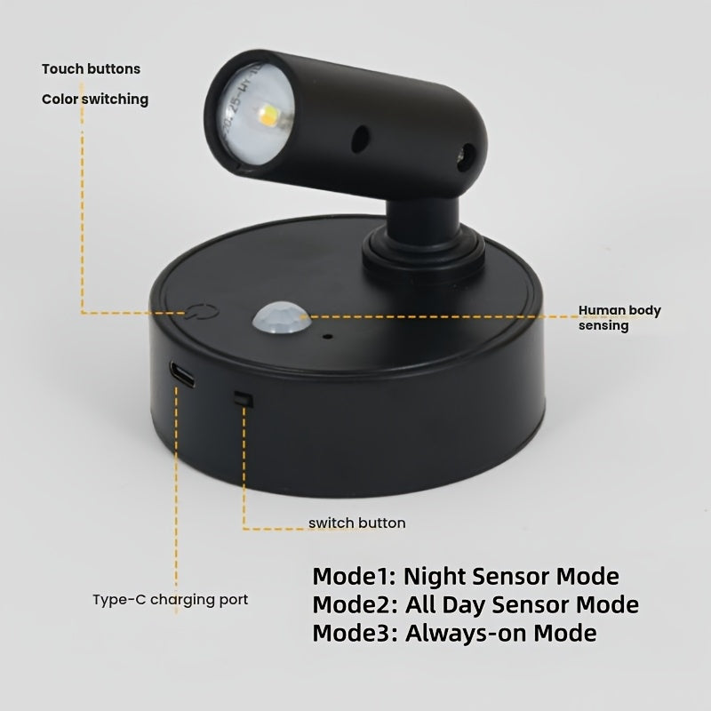 Indoor Wireless LED Spotlight Set (2pcs), Adjustable 3-Color Lighting, Motion Sensor, Magnetic Wall Mount, USB Rechargeable, High-Efficiency Induction Lamp, Perfect for Hallway, Staircase & Home Daily Use