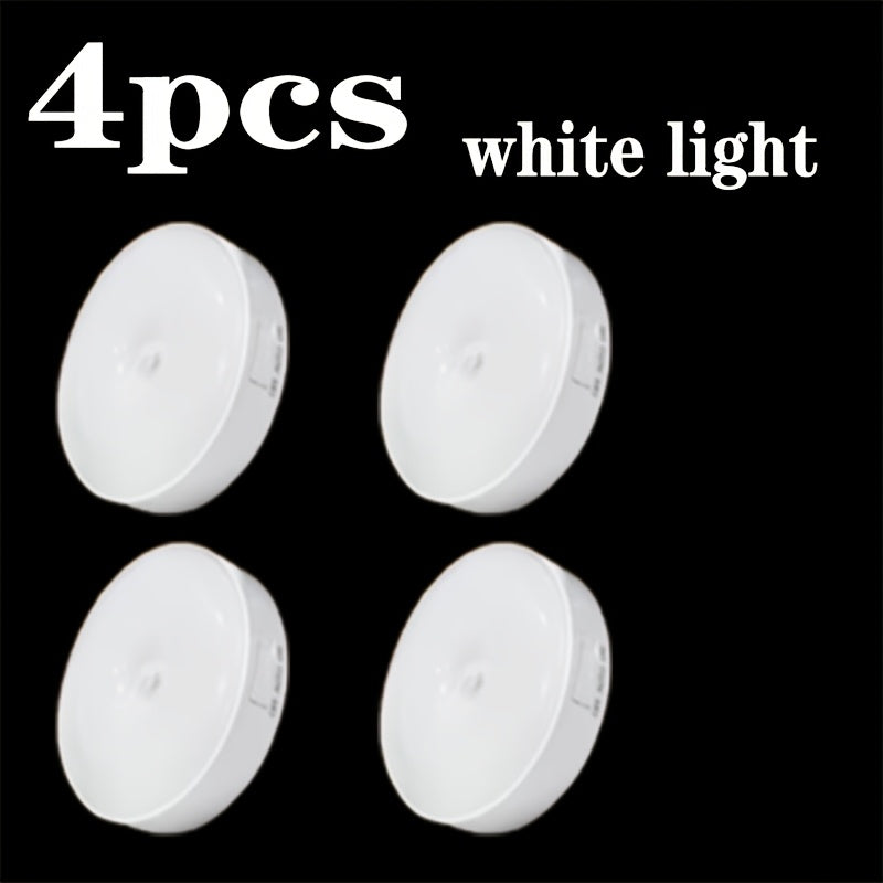 Set of 4 Round Motion Sensor Wall Lights for Smart Home Lighting, Featuring Magnetic Installation And a Minimalist White Design. Eye-Friendly LED Illumination Suitable for Various Settings Like Bedrooms, Studies, Living Rooms, And Dorms