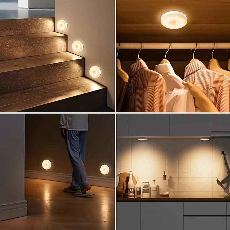 Set of 4 Round Motion Sensor Wall Lights for Smart Home Lighting, Featuring Magnetic Installation And a Minimalist White Design. Eye-Friendly LED Illumination Suitable for Various Settings Like Bedrooms, Studies, Living Rooms, And Dorms