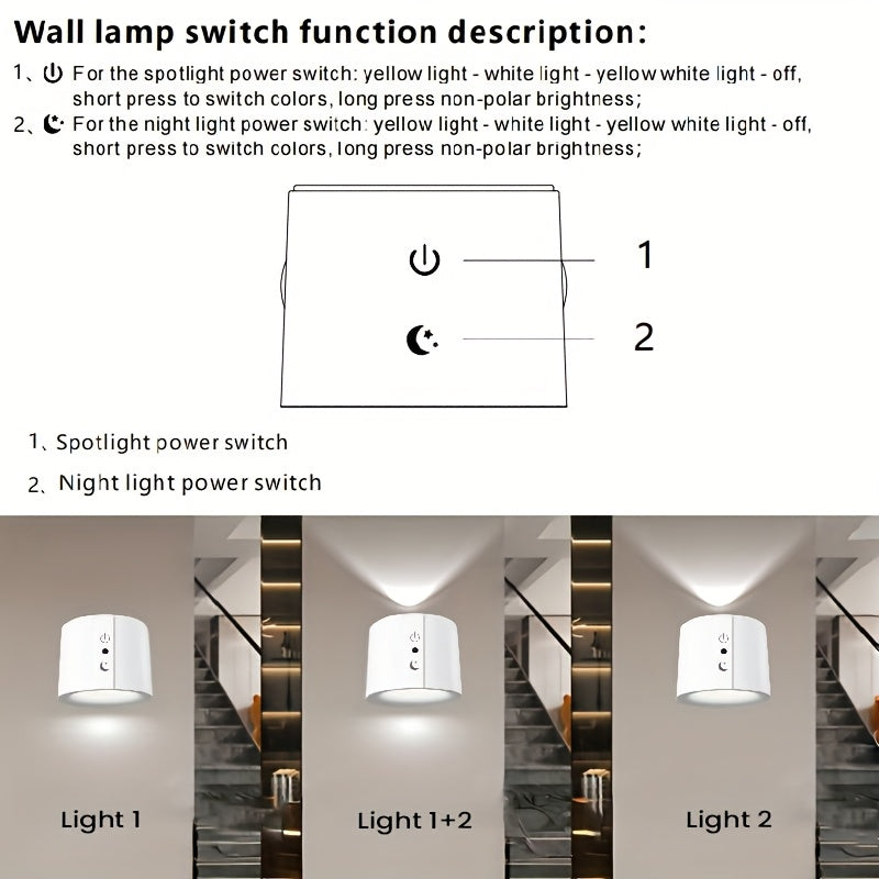 2pcs LED Double-Sided Magnetic Wall Lights, 360° Rotatable, USB Rechargeable, Three-Level Adjustable 3000-4500-6000K, 1200mAh Bedside Lamp, Car Interior Lighting, Suitable for Living Room, Bedroom, Hallway, Bedside, Indoor Lighting, Modern Wall