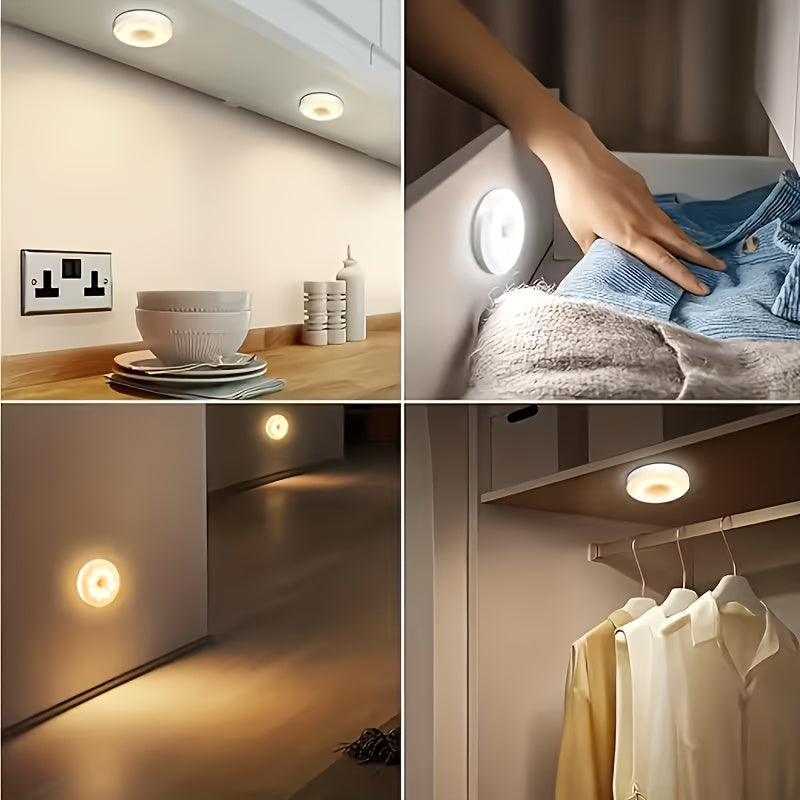 Set of 4 Round Motion Sensor Wall Lights for Smart Home Lighting, Featuring Magnetic Installation And a Minimalist White Design. Eye-Friendly LED Illumination Suitable for Various Settings Like Bedrooms, Studies, Living Rooms, And Dorms