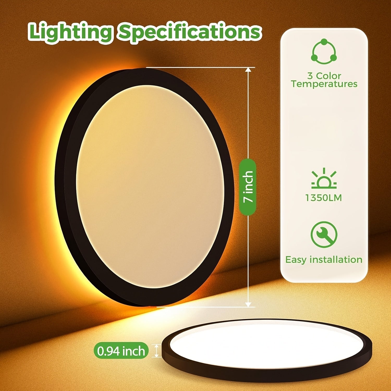 7-Inch Recessed Ceiling Lamp Featuring a Night Light (1800K), Adjustable Color Temperatures of 3000K\u002F4000K\u002F6500K, Ideal for Bedrooms And Kitchens - Black End